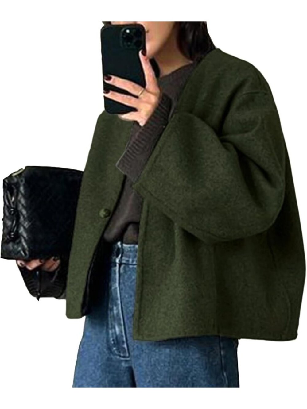 Women's Olive Wool Blend Cropped Collarless Long Sleeve Short Fall Pea Overcoat